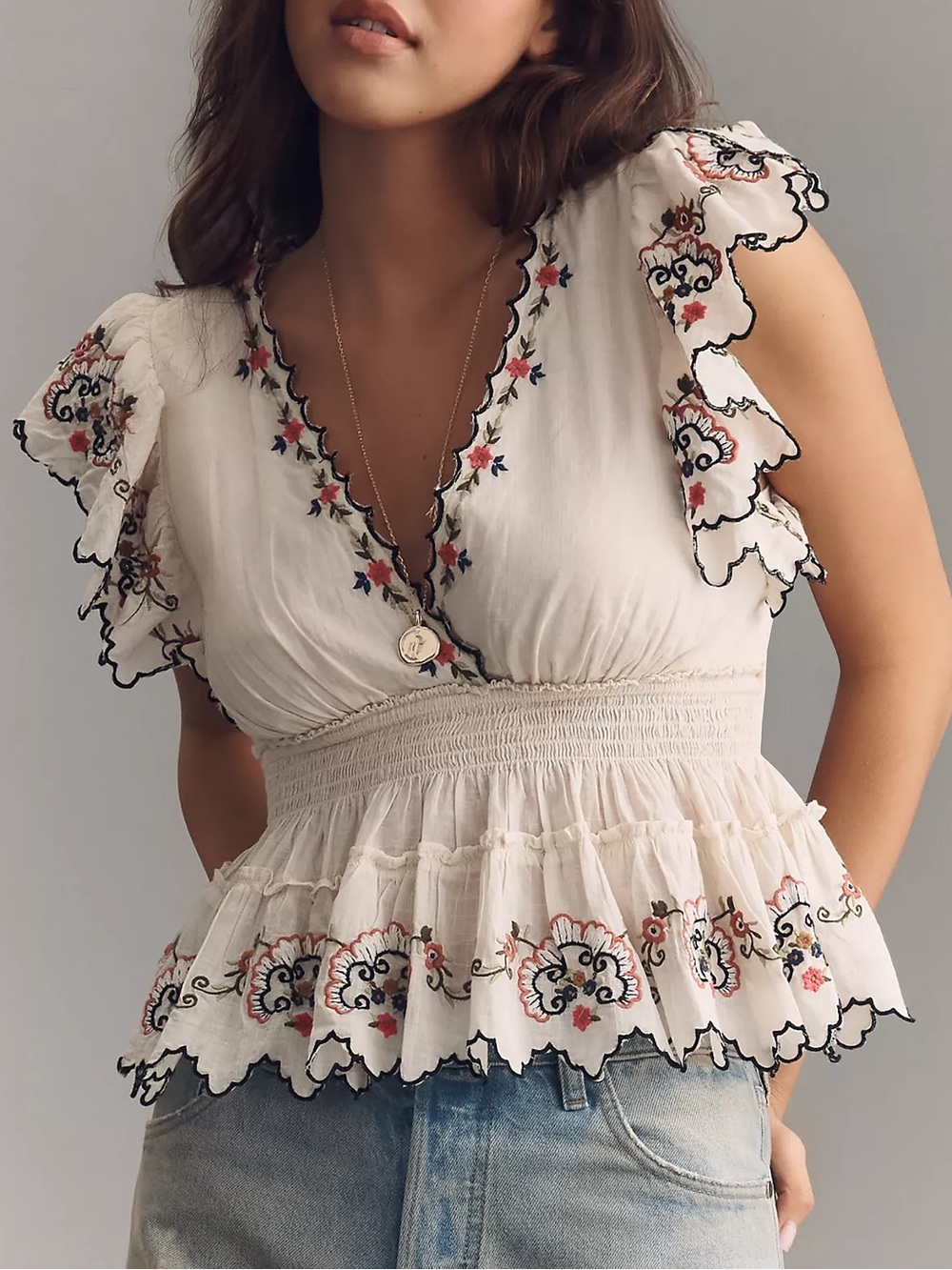 By Anthropologie Embroidered Flutter-Sleeve Top